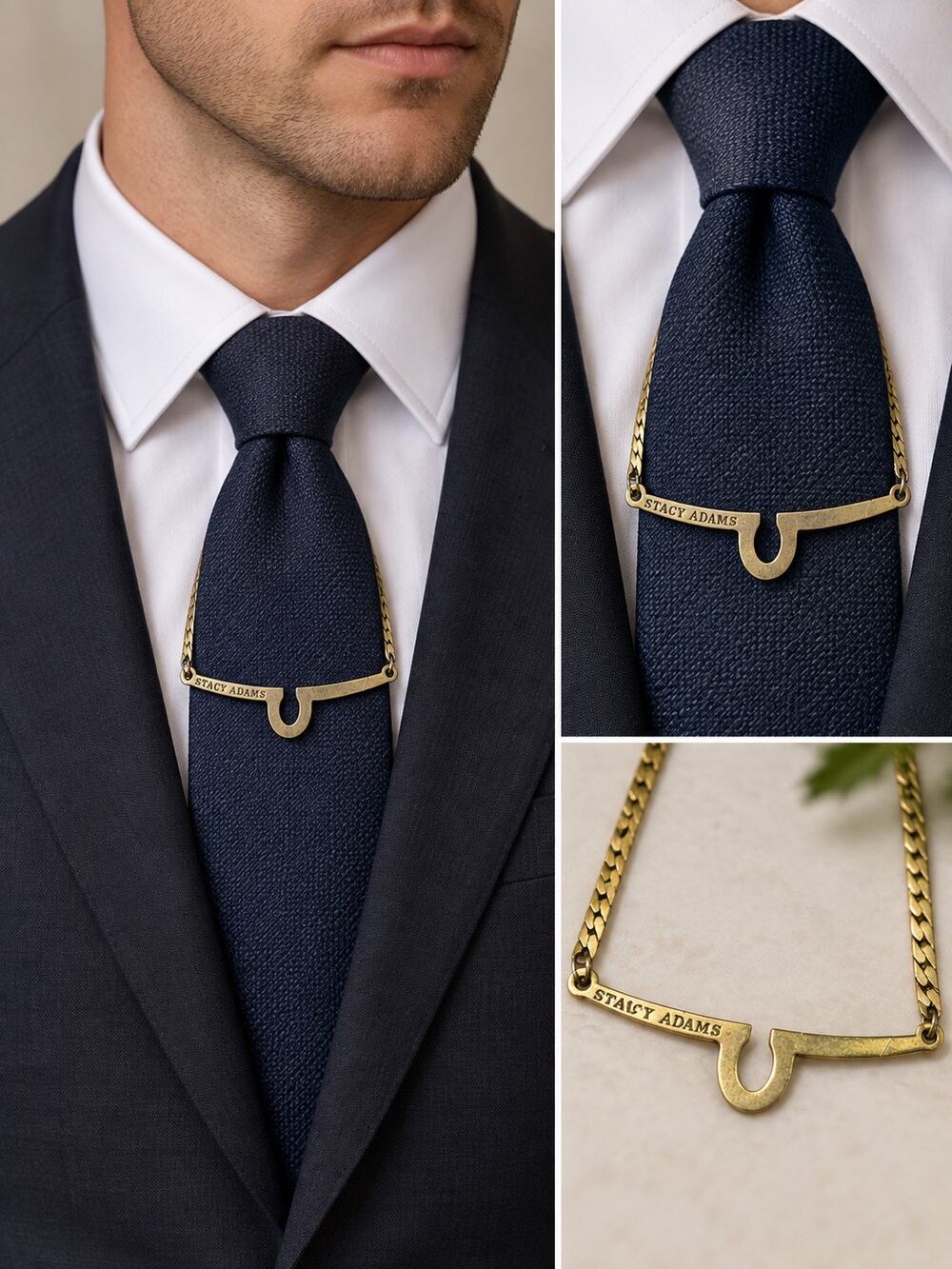Stacy Adams Gold Tone Button Style Tie Tack Chain Bar Clip Clasp Vintage